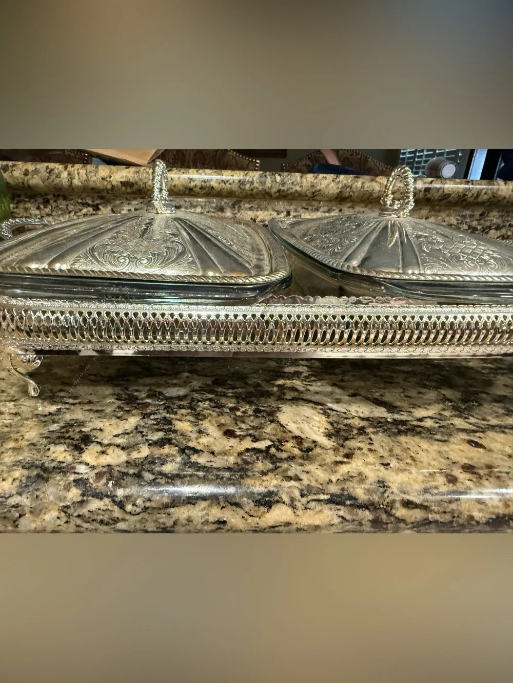 Vintage Silver-Tone Decorative Covered Serving Dish Set Pyrex